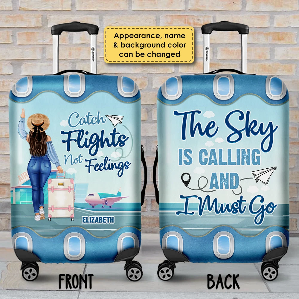 Catch Flights Not Feelings, The Sky Is Calling And I Must Go - Gift For Bestie, Personalized Luggage Cover 3 Catch Flights Not Feelings, The Sky Is Calling And I Must Go - Gift For Bestie, Personalized Luggage Cover - Image 3